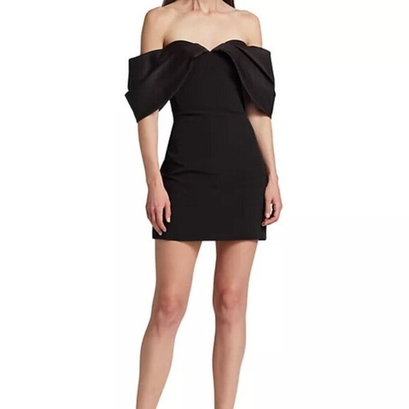 ML Monique Lhuillier Black Luna Off the Shoulder Crepe Minidress